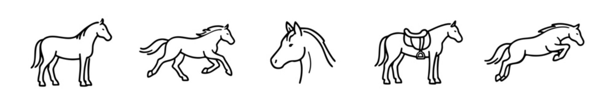 Set of minimalist black line art horse icons featuring various poses including standing, running, jumping, and a saddled horse on a white background.