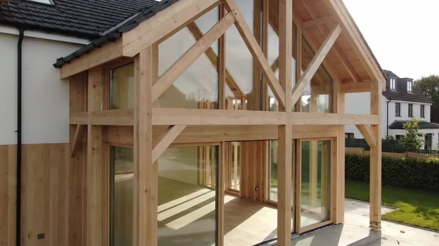 Modern Home Extension with Timber Frame - This stock video shows a modern home extension featuring an exposed timber frame with large glass panels.