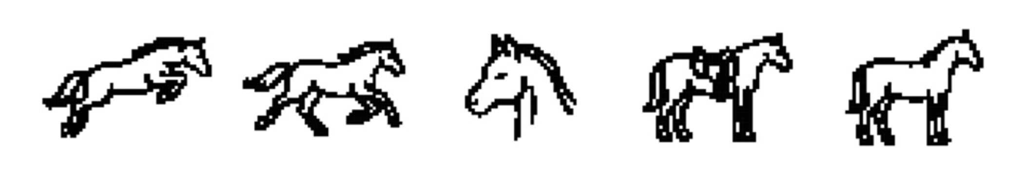 Set of black and white pixel art horse icons featuring jumping, galloping, standing, and saddled poses on a white background.