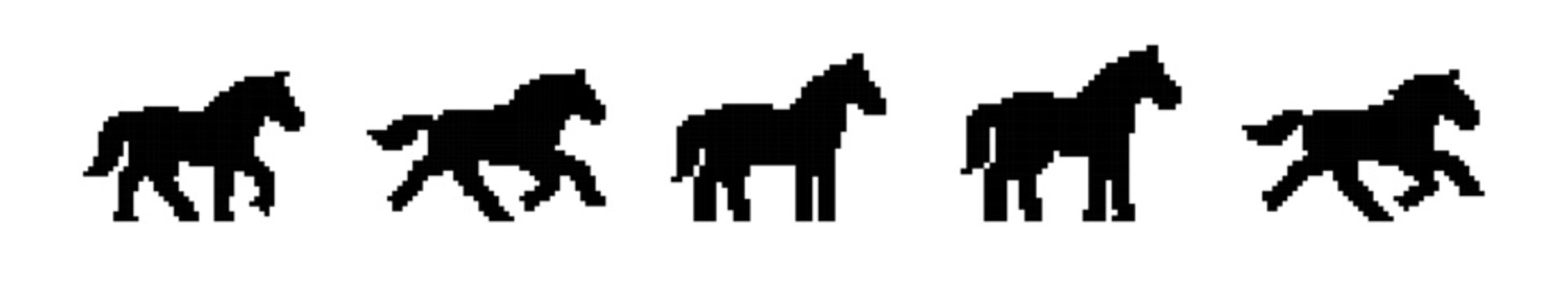 Set of black pixel art horse silhouettes in various running and galloping poses against a white background, ideal for retro game animation.