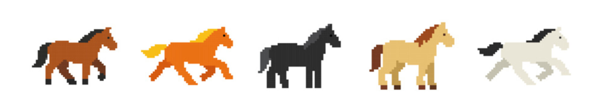 Set of five pixel art horse sprites in different colors and poses, isolated on white. Ideal for retro 8-bit or 16-bit video game design.