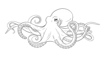 Intricate black and white line art illustration of an octopus with detailed tentacles and suction cups on white background.