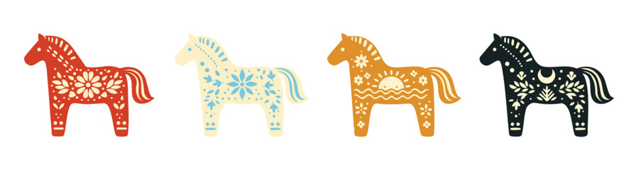 Set of four traditional Swedish Dala horses with kurbits folk art floral patterns in red, blue, orange, and black on a white background.