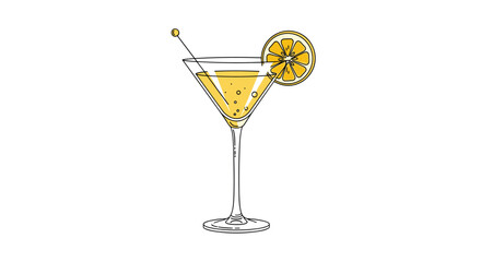 Martini glass with a yellow cocktail and a round lemon slice garnish on a long stem against a plain white background.
