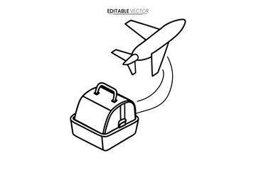 A simple line drawing depicts an airplane flying above a vintage suitcase suggesting travel