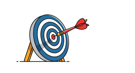 Blue and white archery target with a single red flighted dart hitting the bullseye in the center on white background.