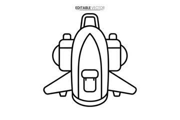 Simple line art illustration depicts a futuristic spaceship design with prominent engines and wings