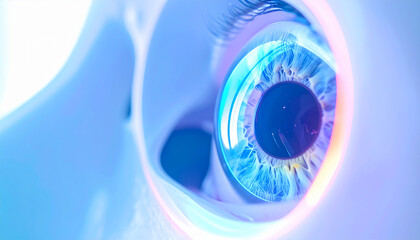 Vision of Insight: a close-up image showcases a mesmerizing view of the human eye, its brilliant blue iris reflecting a world of wonder and clarity.