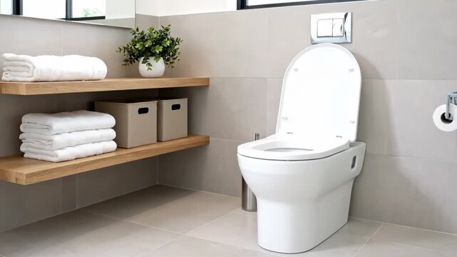 Modern Bathroom Interior with Toilet - This video showcases a modern bathroom featuring a white toilet with an open lid.