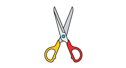Open pair of scissors featuring colorful yellow and red plastic handles isolated against a clean white background for school or office use.
