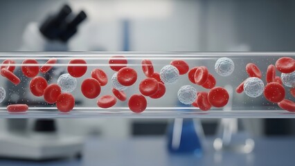 Scientific Illustration of Human Red and White Blood Cells Flowing in a Transparent Tube