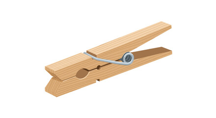 Single wooden clothespin with a metal spring shown at a diagonal angle isolated on a plain white background for laundry.
