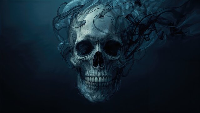 Skull with smoke or mist, dark background, haunting and eerie atmosphere, art or illustration, gothic or horror theme.