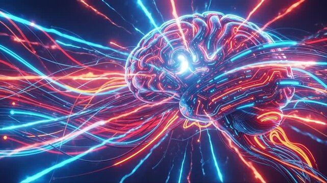 A stylized conceptual image depicting artificial intelligence and digital data flow in a brain