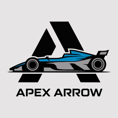 Apex Arrow monogram with sleek formula car silhouette, modern motorsport brand mark; minimalist racing vector logo for teams, sponsors and merchandise