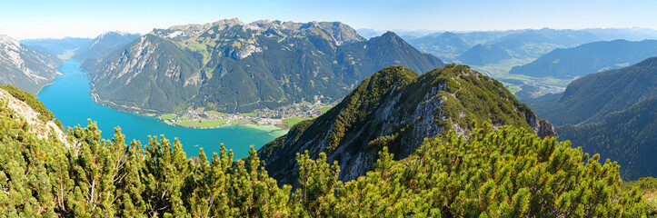 panoramic view from Barenkopf mountain to Rofan alps, Inntal valley and lake Achensee © SusaZoom