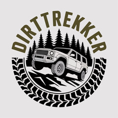 DirtTrekker tire‑ring crest with 4x4 truck jumping through pine forest, rugged overland rally emblem; outdoor adventure motorsport vector for clubs and apparel