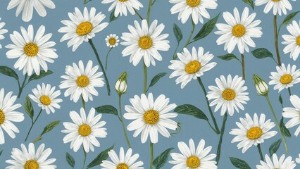 Fototapeta premium A field of daisies with white petals and yellow centers against a blue background.