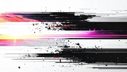 Abstract Glitch Art Background with Horizontal Lines and Pixelation on White
