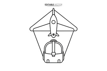 A minimalist line drawing depicts a spacecraft suspended within a triangular frame with a parachute