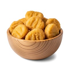 A wooden bowl filled with golden brown crispy chicken nuggets isolated on a white background