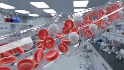 3D render of red and white blood cells flowing in a blood vessel with blurred laboratory background
