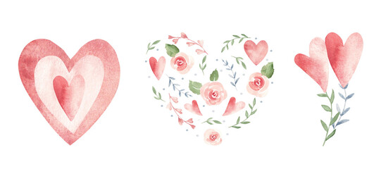 St. Valentine day or wedding compositions set with pink roses and hearts. Watercolor hand drawn illustration isolated on a white background. Romantic design elements for shirt prints, posters and