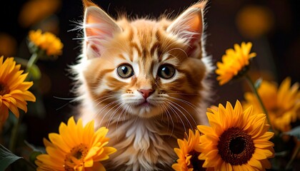 Orange tabby kitten resting in autumn leaves showcasing seasonal warmth, cozy charm, and expressive feline beauty