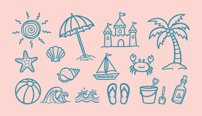 Hand drawn summer beach vector set with palm tree sun and sea elements  © Arshad