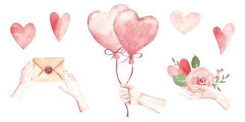 St. Valentine day, engagement compositions set with woman and man hands, with love letters, heart balloons, hearts and pink roses. Watercolor hand drawn illustration isolated on a white background