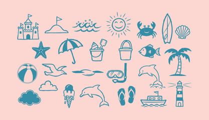 Hand drawn summer beach vector set with sandcastle sun dolphin and ice cream  © Arshad