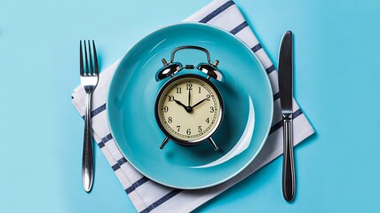 Alarm clock on plate symbolizing intermittent fasting and diet time
