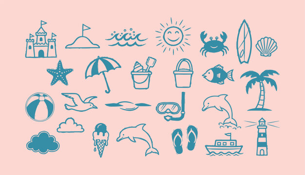 Hand drawn summer beach vector set with sandcastle sun dolphin and ice cream 