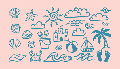 Hand drawn summer beach vector set with sun sandcastle shells and palm tree  © Arshad