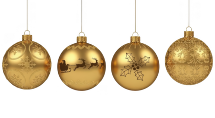 Set luxurious gold christmas ornaments with etched holiday patterns hanging baubles transparent background