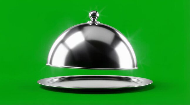 Silver serving tray with lid isolated on green background hospitality restaurant concept
