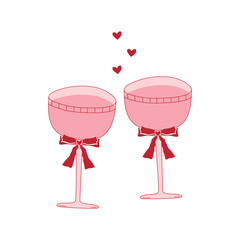 A coquette Valentine's Day illustration featuring two elegant hand-drawn glasses of alcohol. Vector illustration of wine glasses with outlines for a card, poster, or wedding invitation.