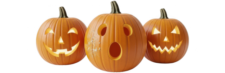 Three carved jack o lanterns glowing brightly for halloween celebration isolated