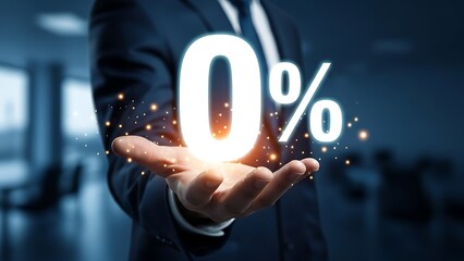 Zero Percent Interest Rate and Financial Discount Concept with Glowing 0% Symbol Held in Businessman's Hand