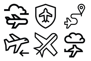 A collection of aviation themed line icons depicting planes clouds security and location
