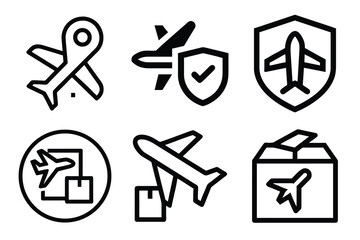 A collection of aviation and shipping related line icons including planes boxes and shields