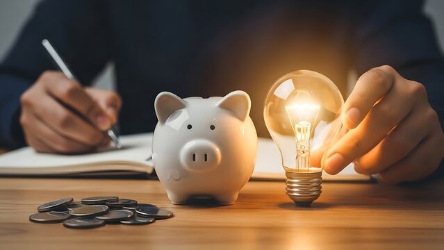 Financial planning and energy saving concept with piggy bank glowing lightbulb and businessman writing in notebook