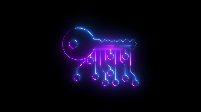 glowing neon line cryptocurrency key icon isolated on black background . concept of cyber security or private key ,digital key with technology interface .4k motion video animation.