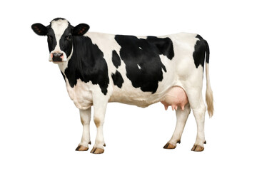 Full body  healthy black and white Holstein dairy cow standing naturally in side view, isolated on a clean white background. Agricultural livestock concept with calm posture