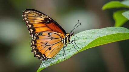 Naklejka premium Vibrant orange butterfly perched on a green leaf in a lush environment