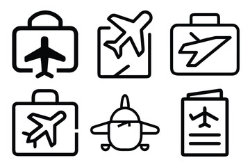 Travel icons set featuring airplane suitcase passport and various travel related symbols depicted in black lines