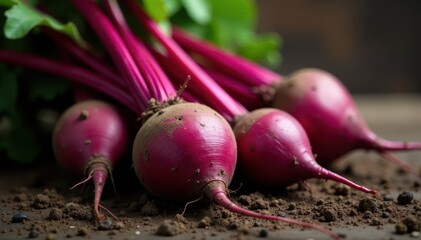 Mature beetroot bulbs unearthed, showing vibrant color , red, fresh