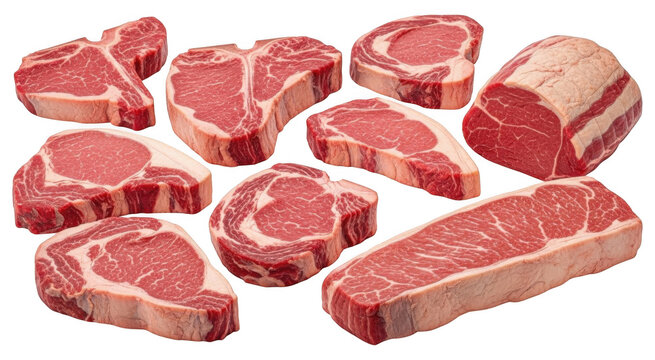 Various cuts of raw red beef meat steaks and roast isolated on transparent background