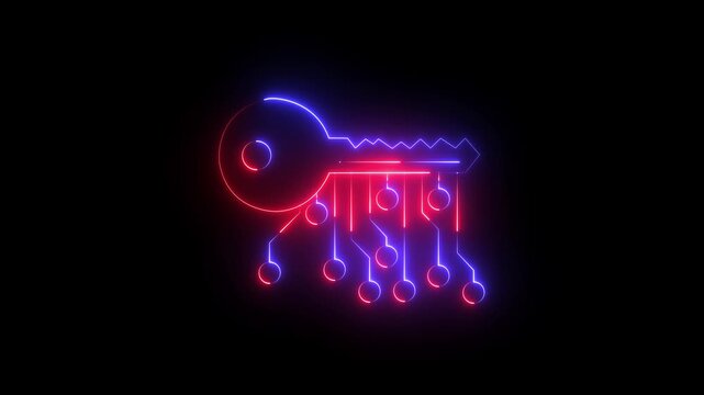 glowing neon line cryptocurrency key icon isolated on black background . concept of cyber security or private key ,digital key with technology interface .4k motion video animation.