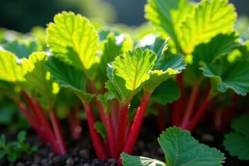 Mature rhubarb plants with broad leaves, sunlight dappled, growth, garden
